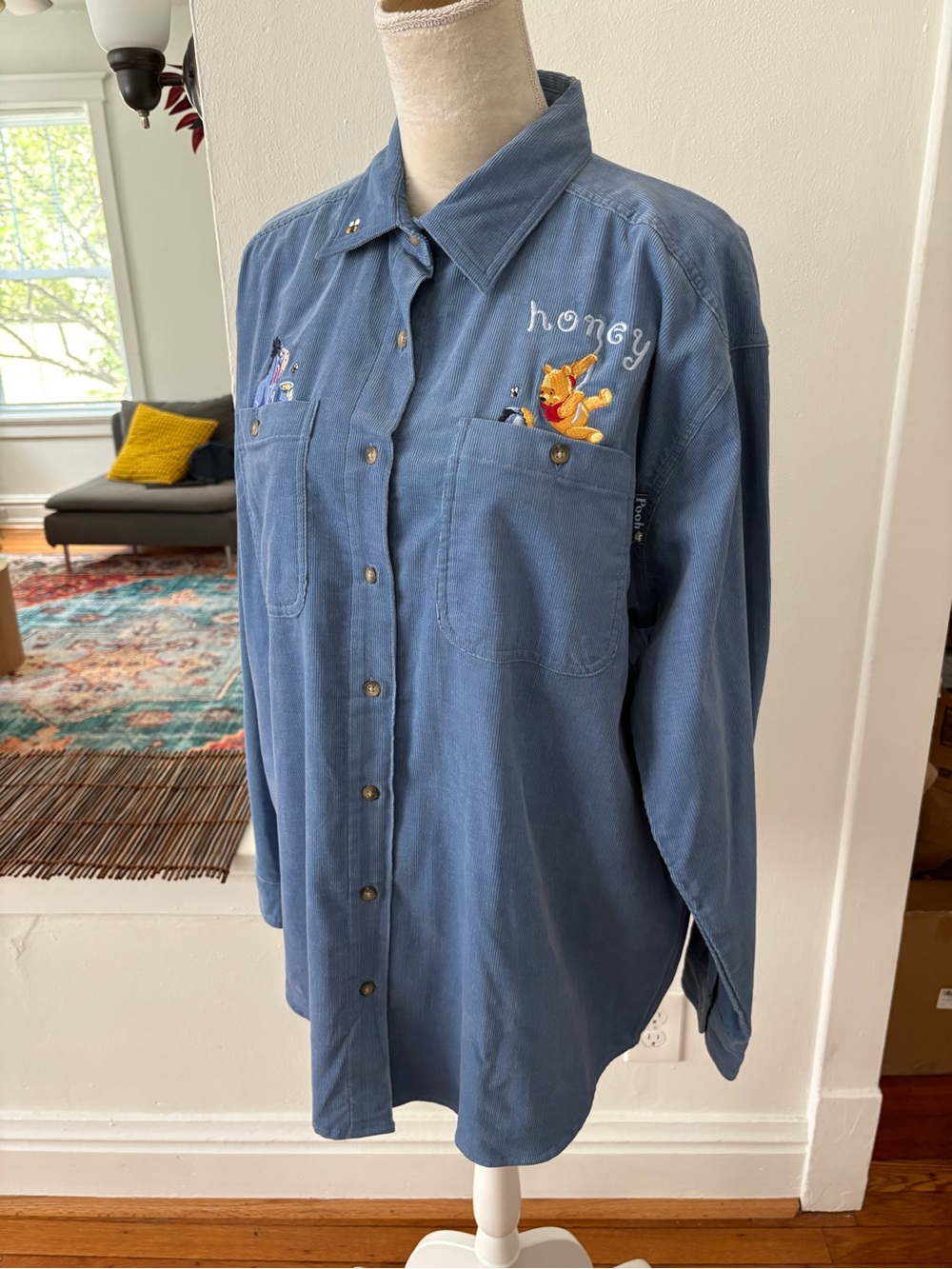 Vintage 90s Disney Pooh corduroy blue shirt deadstock 100% cotton womens L